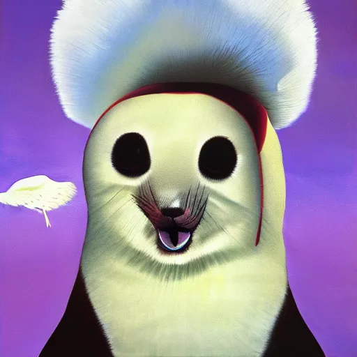 Prompt: portrait of a baby harp seal super hero, oil painting by alex ross