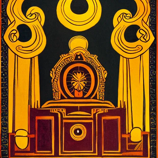 Prompt: the golden flower in the throne room in the style of nicholas roerich