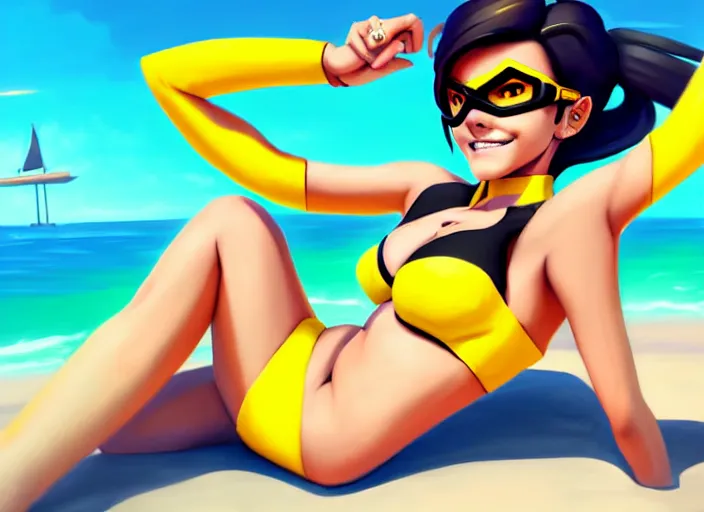 Prompt: style overwatch tracer, a girl with black hair, with a very beautiful symmetrical face, a smile on her face, tanned skin, in a yellow bikini, against the background of a sea beach, in art style, high detail, digital painting
