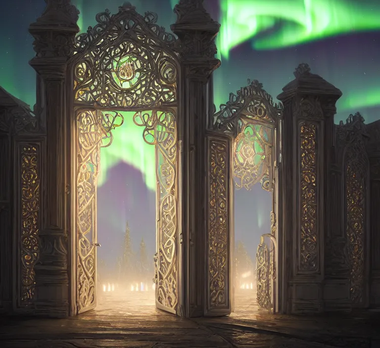 Image similar to a very detailed concept art of intricate and well designed white gates to laplandia, infused with aurora borealis by greg rutkowski, dynamic lighting trending on artstation, symmetry, digital art, 4 k, hyper realistic, octane render, sharp focus