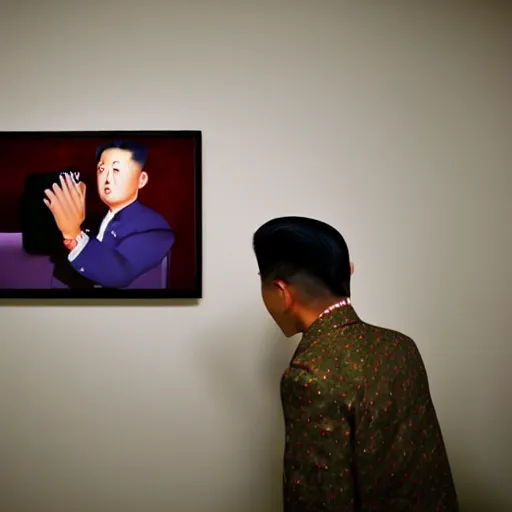 Prompt: hyperralism araki hobuyoshi style photography of detailed north korean kim chen with perfect face playing xbox in basement bedroom