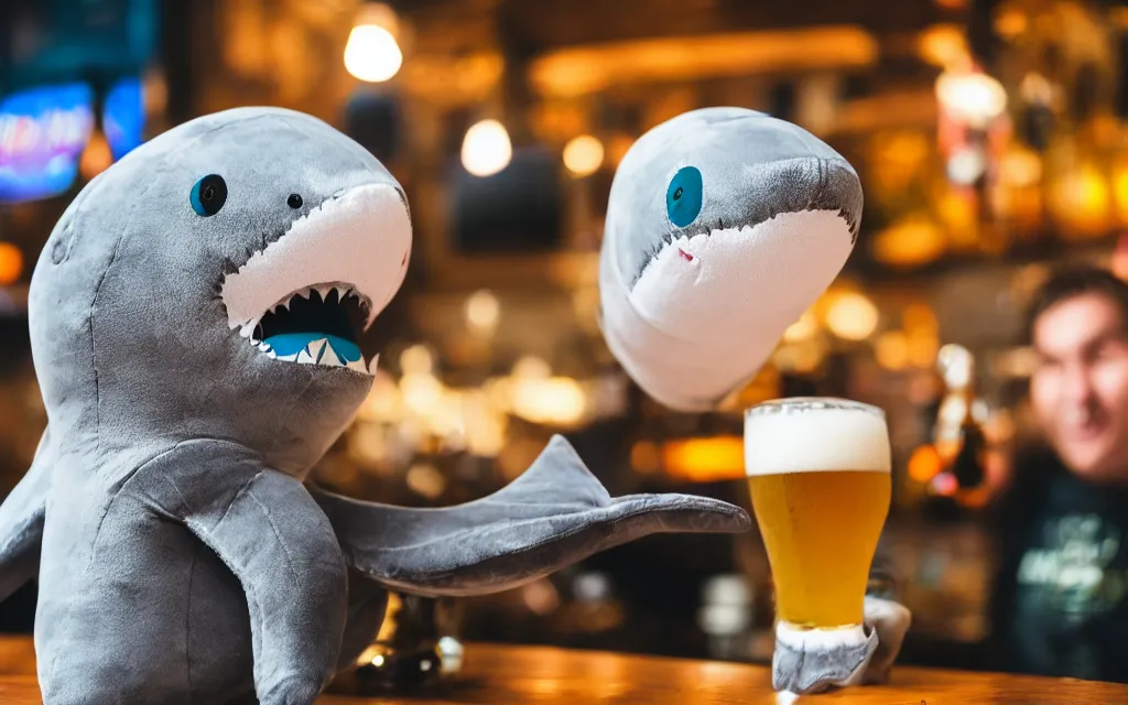 Prompt: Shark plush ordering a beer at a bar, stuffed toy, fish, dim lighting, 50mm, depth of field, beer