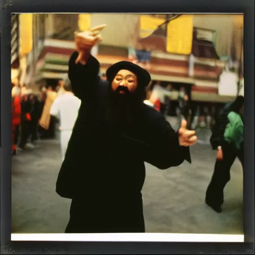 Image similar to Confucius at a rap battle, 90s polaroid, by Saul Leiter, Jamel Shabazz, Nan Goldin