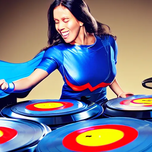 Image similar to a heroic woman wearing a blue super hero outfit playing on turntables
