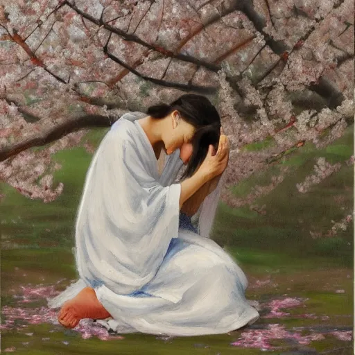 Image similar to a crying woman in a white gown kneeling at a beautiful shrine under a cherry blossom tree, rainy wet, ultradetailed, hd 8 k, oil on canvas, detailed brushstrokes