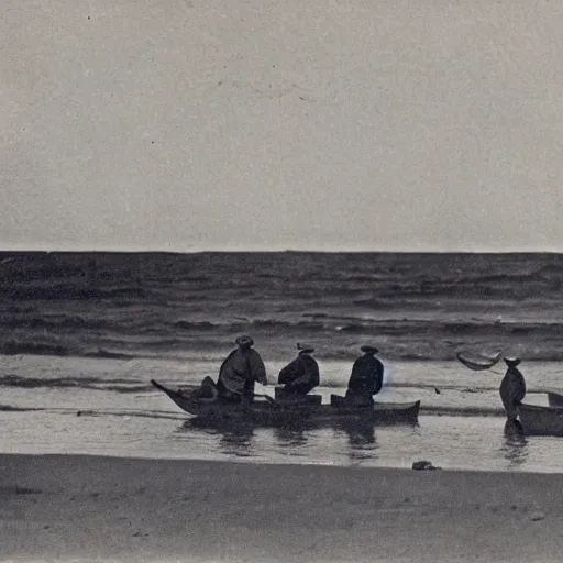 Prompt: a mid 1 9 0 0 s photograph of a group of fishermen on the beach, at dawn,