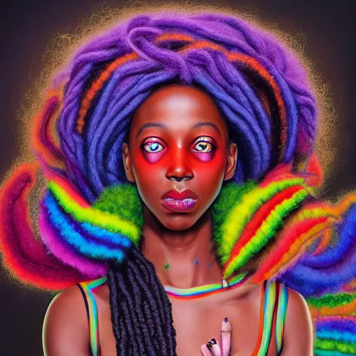 Image similar to a wide angle shot of a black girl with colorful dreadlocks in a field of candy, by Adi granov and afarin sajedi and amanda sage and evgeni gordiets and Agostino Arrivabene and adonna khare in a psychedelic portrait style, ultrarealistic matte painting, volumetric lighting, fractal, extremely symmetrical, highly detailed face, orisha, 8k, hd