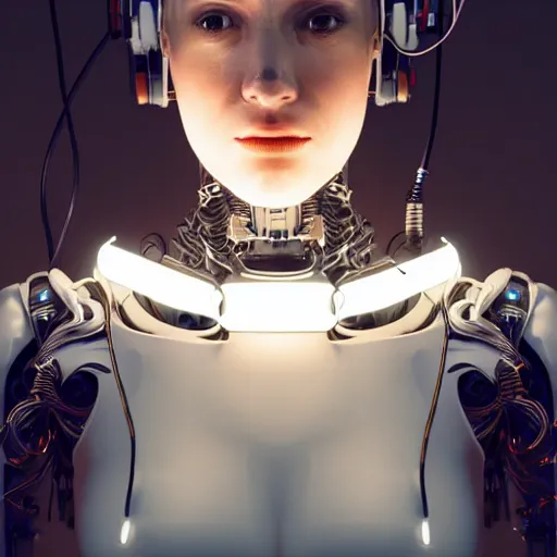 Image similar to a beautiful woman wearing robot suit with wires and light, highly detailed, photorealistic, artstation, smooth