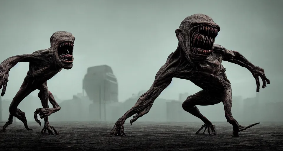 Image similar to a grotesque, disfigured alien creature lunging itself at a helpless man, outside, overcast day, horror movie, unreal engine, octane render