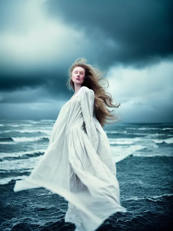 Image similar to cinestill 5 0 d photography of a woman britt marling 3 / 4 style of nicholas fols, 8 0 mm, dress in voile, hair like dark clouds floating on air, mute dramatic colours, soft blur outdoor stormy sea background, volumetric lighting, hyperdetailed, hyperrealistic