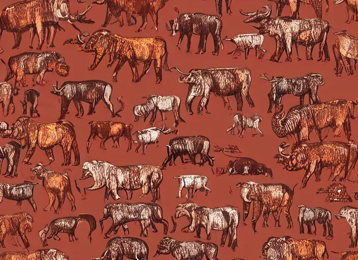 Image similar to painted pattern which figures of ancient hunters mammoths and ancient buses, rock cave painting, red ocher, finger painting