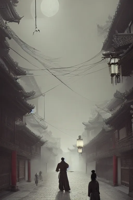 Image similar to on the night of the chinese new year's day, many chinese ghosts wander in the ancient chinese streets. the guiding line composition method, the tindal effect, the soft light, the cool color, by wu jinyuan, trending on artstation