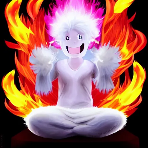 Image similar to fluffy exploding popcorn elemental spirit, in the style of a manga character, with a smiling face and flames for hair, sitting on a lotus flower, white background, clean composition, symmetrical