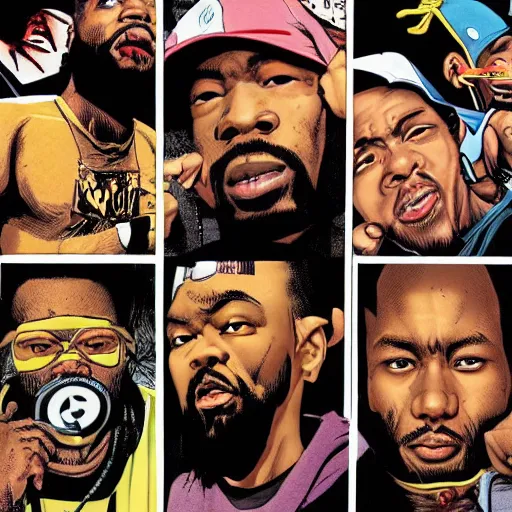 Prompt: wu tang clan album art, comicbook art masterpiece by denys cowan, realistic faces and anatomy