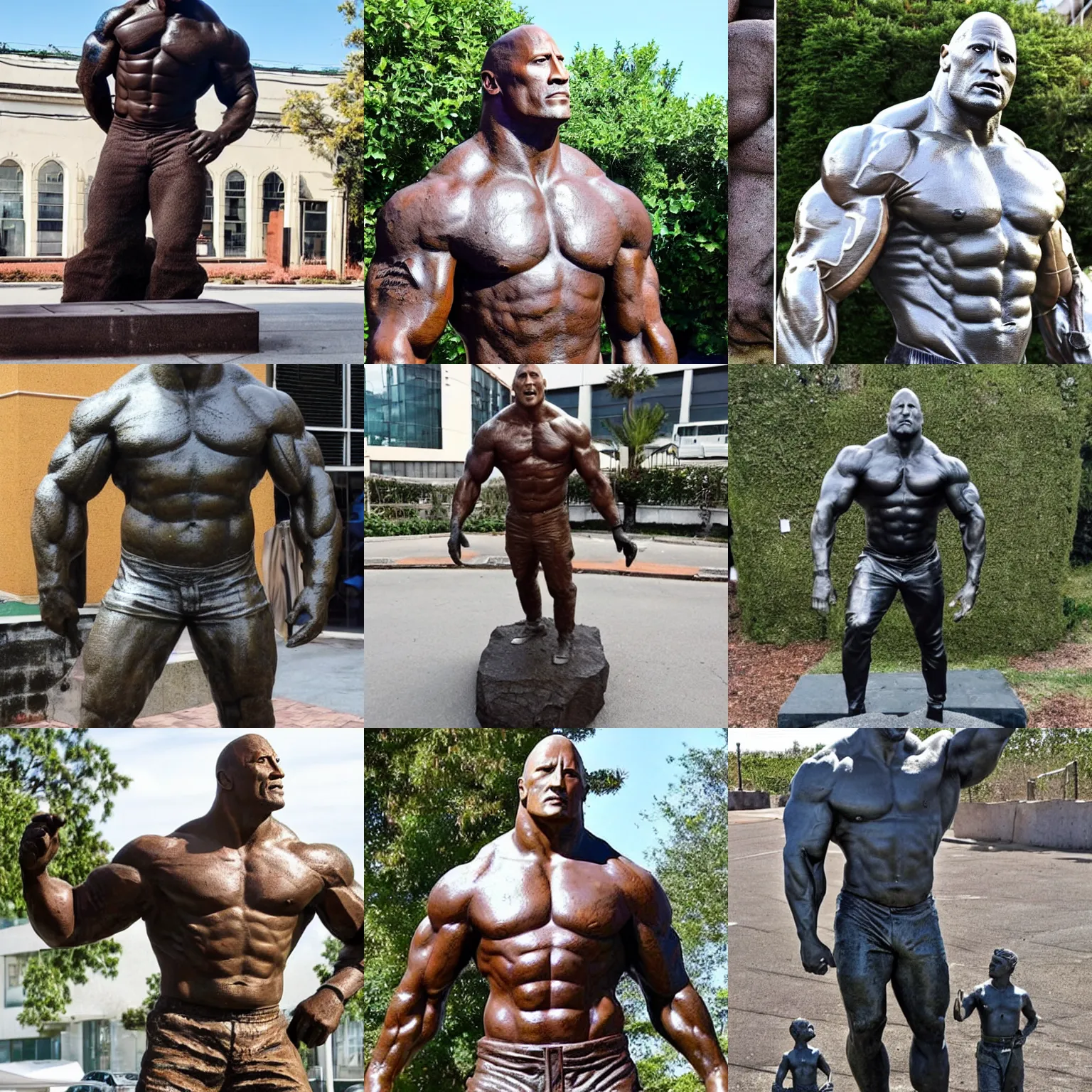 Prompt: a statue of dwayne johnson made out of rusty metal