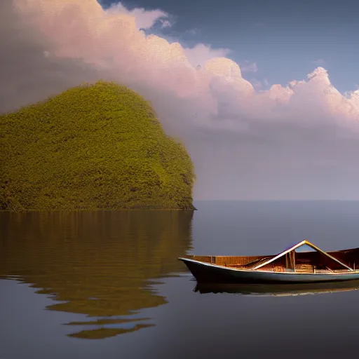 Image similar to a painting of a boat in the water, a detailed matte painting by jarosław jasnikowski, cgsociety, photorealism, matte painting, terragen, vray