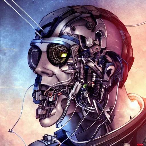 Prompt: Male cyborg, battle-damaged, scarred, handsome face, bored expression, blue eyes, sterile background, head in profile, sci-fi, bio-mechanical, wires, cables, gadgets, Digital art, detailed, anime, artist Katsuhiro Otomo