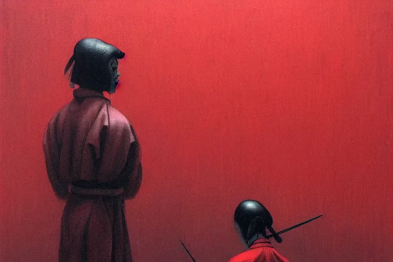 Image similar to only with red, a red samurai harakiri, tokio, a lot of frogs watch, in the style of beksinski, parts by edward hopper, parts by rodcenko, parts by yue minjun, intricate and epic composition, red by caravaggio, insanely quality, highly detailed, masterpiece, red light, artstation, 4 k