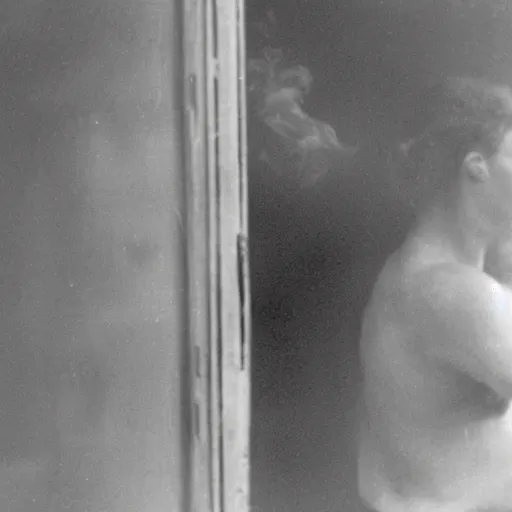 Prompt: zoomed cropped voyeuristic direct eye contact closeup of supermodel neighbor blowing smoke in window, technicolor, telephoto lens, vintage photograph, historical archive