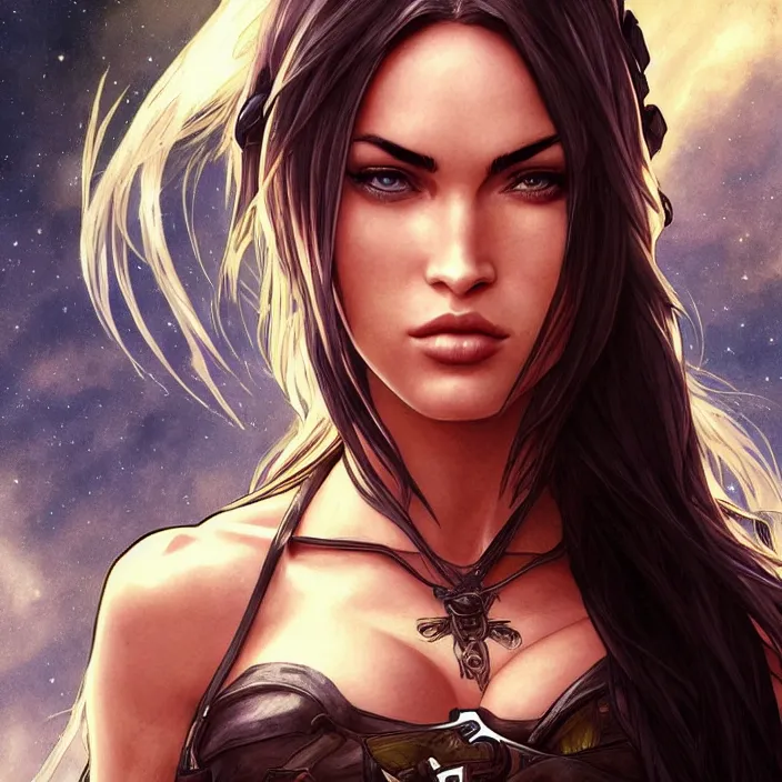 Image similar to megan fox in the style of final fantasy 7 by artgerm, greg rutkowski, alphonse mucha