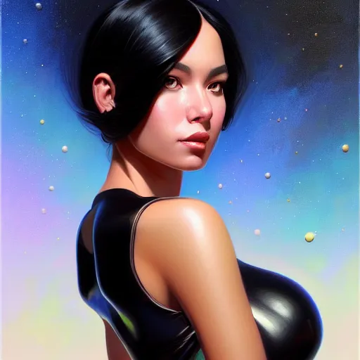 Image similar to a portrait of a very beautiful woman in a spacesuit, Alexandria\'s genesis, shoulder-length black hair, bored, illustration, soft lighting, soft details, painting oil on canvas by mark arian by artgerm, trending on artstation, 4k, 8k, HD