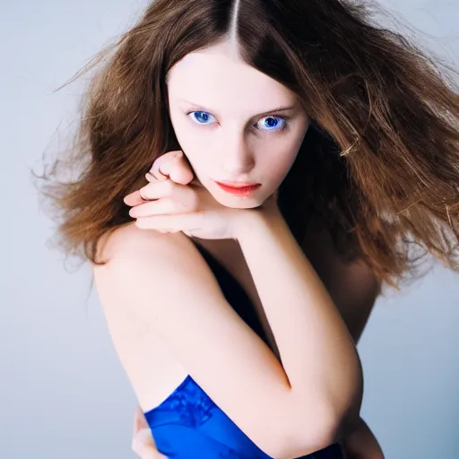 Prompt: Portrait of a beautiful young pale brunette woman with blue eyes, photoshoot, 30mm, Taken with a Pentax1000, studio lighting