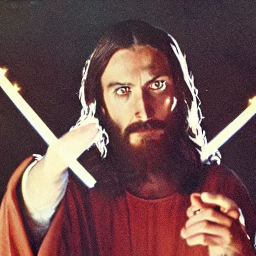 Image similar to jesus christ casting a spell, dramatic, cinecolor