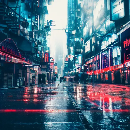 Prompt: professional photograph of a bustling neon dystopian city, rainy sidewalks, high quality, highly detailed, HD, 8K