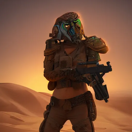 Image similar to a highly detailed caracal bounty hunter, in the desert, artstation, DeviantArt, professional, octane render, sunset lighting