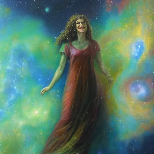 Prompt: hypatia dissolving into a nebula, smiling, oil painting