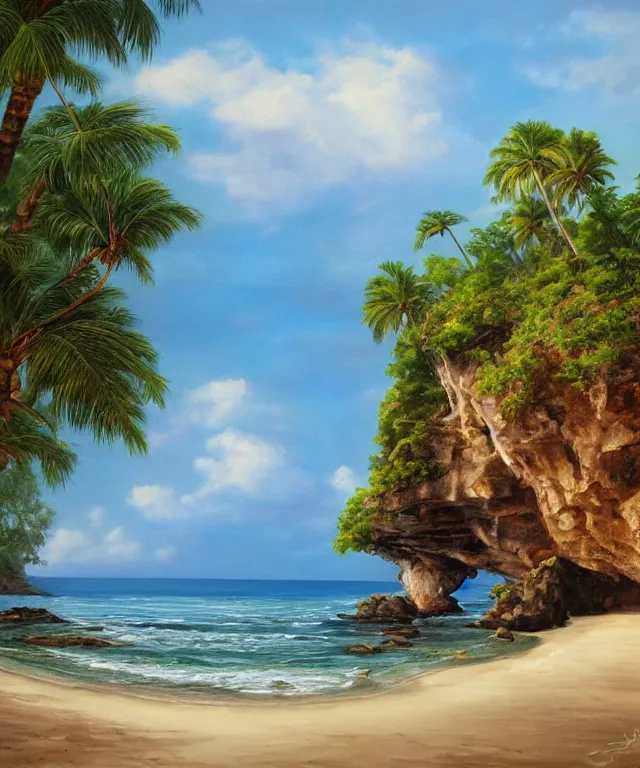 Image similar to photorealistic painting of turtle bay beach jamaica, sharp cliffs, island with cave, dark, atmospheric, brooding, smooth, finely detailed, cinematic, epic, in the style of clyde caldwell