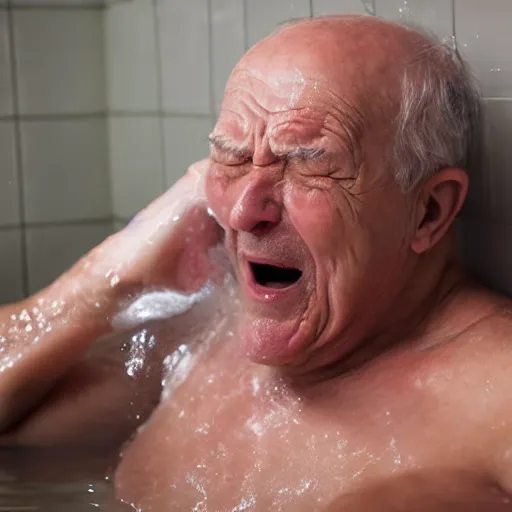 Image similar to a photo of an old man having nightmares while bathing