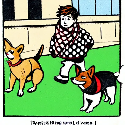 Image similar to illustration of french boy on the streets of paris playing football against a corgi, the dog is wearing a polka dot scarf, comic, 1 9 7 2