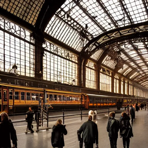 Image similar to A beautiful historical interior of Amsterdam central station with steam locomotives leaving the station, blinding backlight sunset, hyper real highly detailed