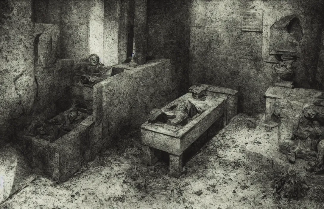 Image similar to tomb in which the body will be laid divisionism there is no sense of movement realm of words emerging from lush greenery intact flawless ambrotype from 4 k criterion collection remastered cinematography gory horror film, ominous lighting, evil theme wow photo realistic postprocessing ink and water jan van der heyden