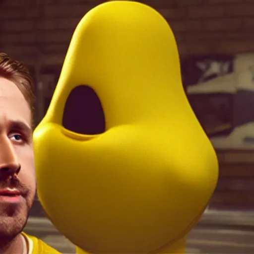 Image similar to Movie still of Ryan Gosling as Pacman, big yellow head, open mouth