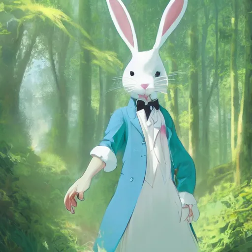 Image similar to concept art painting of an anthropomorphic white rabbit wearing a turquoise dress, in the deep forest, realistic, detailed, cel shaded, in the style of makoto shinkai and greg rutkowski and james gurney