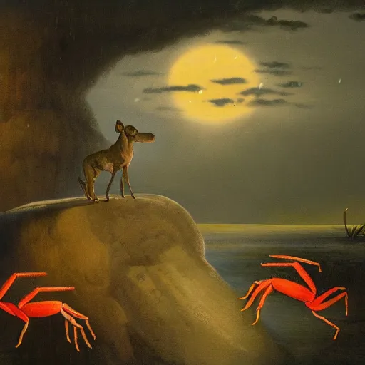 Prompt: a painting of two whippets standing in between two towers while howling at the moon. rain falls from the moon. in the foreground a crayfish emerges from water.