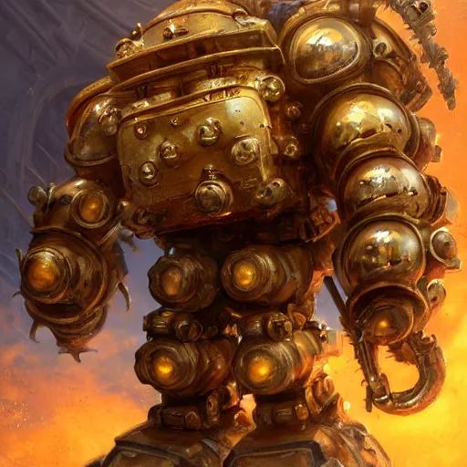 Prompt: a Steam powered mechanical golem in golden plate armoring, forward facing angle, concept art, character design, stunning 3d render , art by Tooth Wu and justin gerard and Blizzard studios, 8k octane beautifully detailed render, post-processing, extremely hyperdetailed, intricate complexity, epic composition, grim yet sparkling atmosphere, masterpiece, trending on artstation