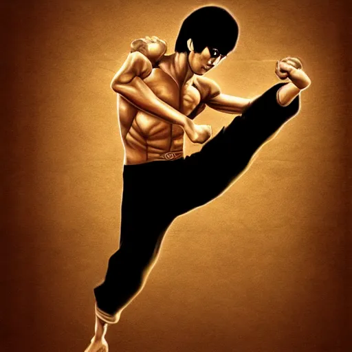 Image similar to bruce lee training with wooden dummy at temple dojo intricate, elegant, highly detailed, digital painting, artstation, concept art, matte, sharp focus, illustration gold filigree wallpaper