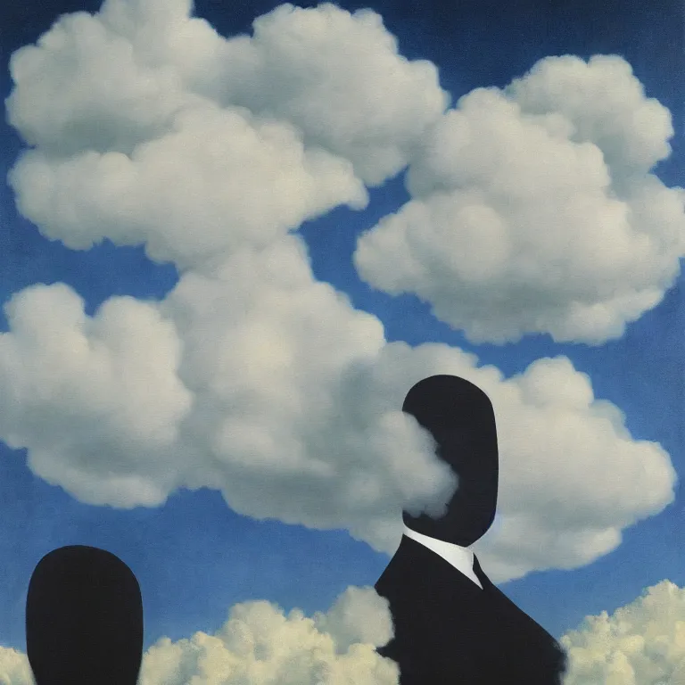 Image similar to portrait of a scary creepy ghost death, clouds in the background, by rene magritte, detailed painting, distance, middle centered, hd, hq, high resolution, high detail, 4 k, 8 k