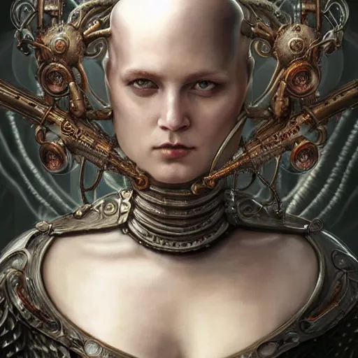 Image similar to tom bagshaw, curiosities carnival fallout, photorealistic medium shot soft paint of a single beautiful bald female full long futuristic metallic armor very tight metal helmet ornate, face, gynoid cyborg wires tentacles body, accurate features, focus, very intricate ultrafine details, award winning masterpiece