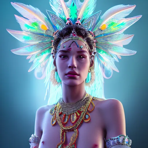 Image similar to portrait highly detailed beautiful symmetrical face high priestess water nymph intricate elegant detailed crystal jewellery with tribal feathers, lush colourful volumetric lighting, digital painting, concept art, smooth, sharp focus 3 d, divine realm of gods, realistic cinematic style, octane render, photographic, unreal engine 8 k