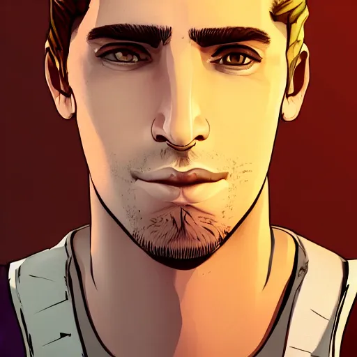 Prompt: a blond young clean shaven spanish man portrait, borderlands, tales from the borderlands, the wolf among us, comic, cinematic lighting, studio quality, 8 k