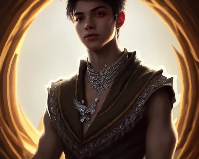 Image similar to a mind - blowing portrait of a young shadow mage male, wearing a vest with diamond pattern, joyful, d & d, fantasy, intricate, elegant, highly detailed, digital painting, artstation, concept art, matte, sharp, illustration, hearthstone, art by artgerm and greg rutkowski and alphonse mucha