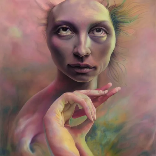 Image similar to the laws of physics break down and there only an infinite present, in which all points in time are equally real. surrealist acrylic painting by marco mazzoni, by dorothea tanning, pastel colors, featured on artstation, metaphysical, fluid acrylic pour art, airbrush art, rococo