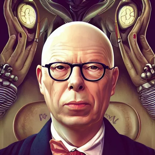 Prompt: lofi Klaus Schwab as a vampire portrait, digital art, Pixar style, by Tristan Eaton Stanley Artgerm and Tom Bagshaw.