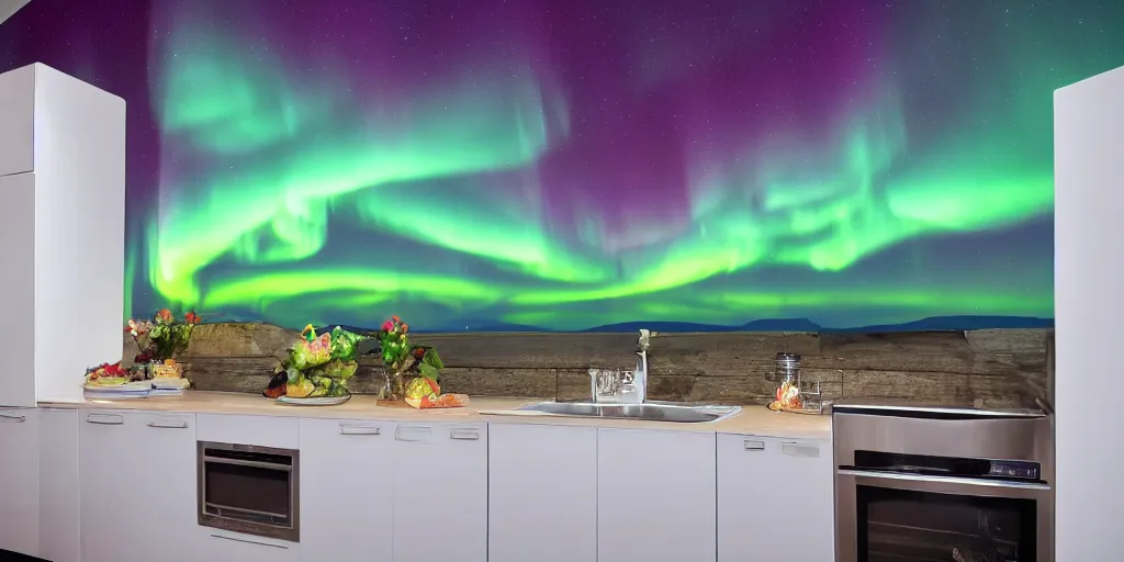 Image similar to aurora borealis in a kitchen