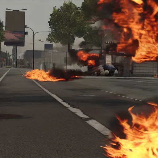 Image similar to burning computer in gta, 8k, realistic