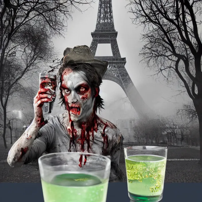 Image similar to zombie drinking water with eifel tower on fire photo realistic